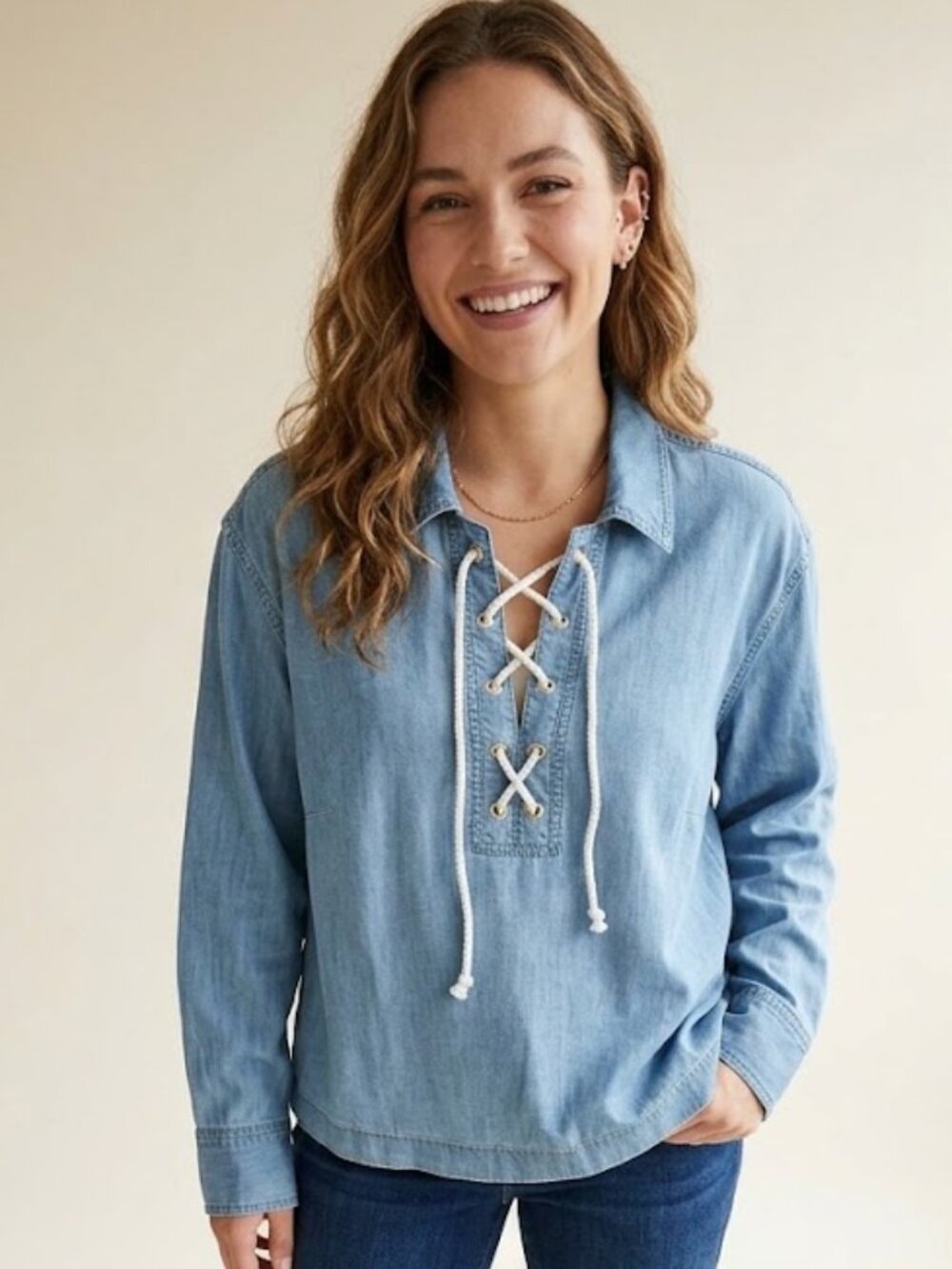 Chambray Shirt XL Talbot's Nautical Denim Boho Rope Tie Coastal Cowgirl Boho